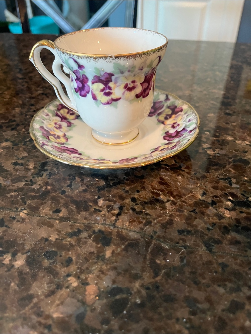 Vintage Purple Floral Teacup and Saucer with Gold Trim